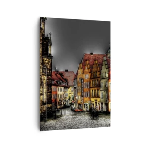 Bild auf Leinwand - Leinwandbild - Bunte Mietshäuser auf einer Kopfsteinpflasterstraße in der historischen Stadt - 70x100cm - Es fehlt nur noch ein verzaubertes Taxi - Moderne Wanddekoration für Wohnzimmer und Schlafzimmer ARTTOR
