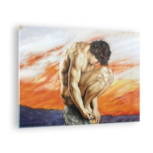 Glasbild - Bild auf glas - Ein nackter menschlicher Körper vor einem intensiv orangefarbenen Himmel. - 70x50cm - In sich versunken - Moderne Wanddekoration für Wohnzimmer und Schlafzimmer ARTTOR