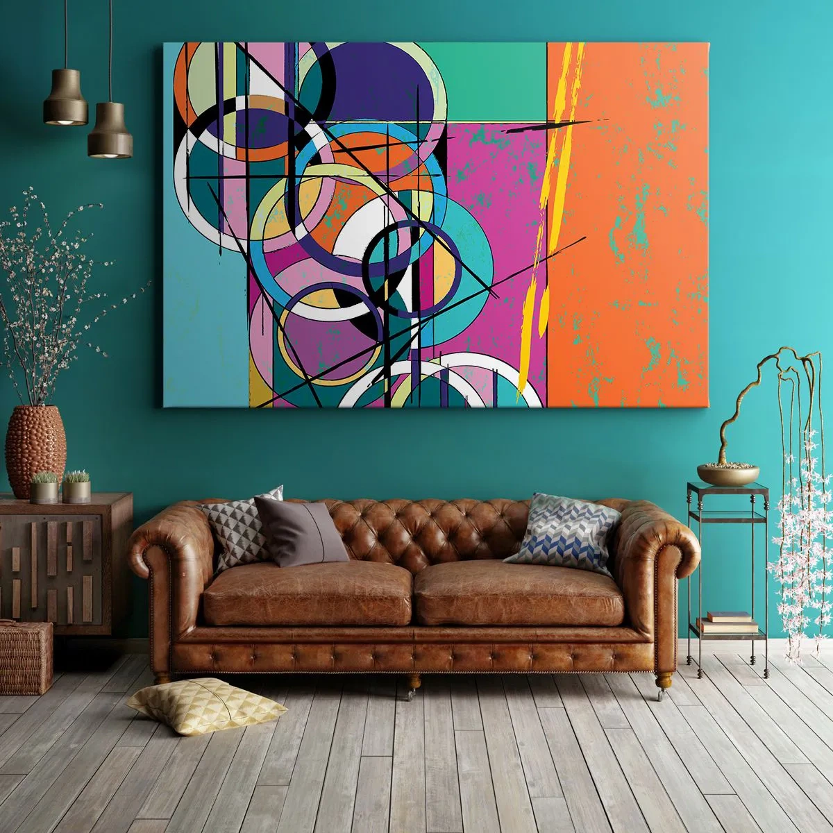 Bild auf Leinwand - Leinwandbild - Bunte Abstraktion mit geometrischen Kreisen - 70x50cm - Rad für Rad - Moderne Wanddekoration für Wohnzimmer und Schlafzimmer ARTTOR