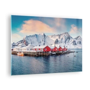 Glasbild - Bild auf glas - Rote Fischerhütten am Fjord mit Bergen im Hintergrund - 70x50cm - Nördlicher Rückzug - Moderne Wanddekoration für Wohnzimmer und Schlafzimmer ARTTOR