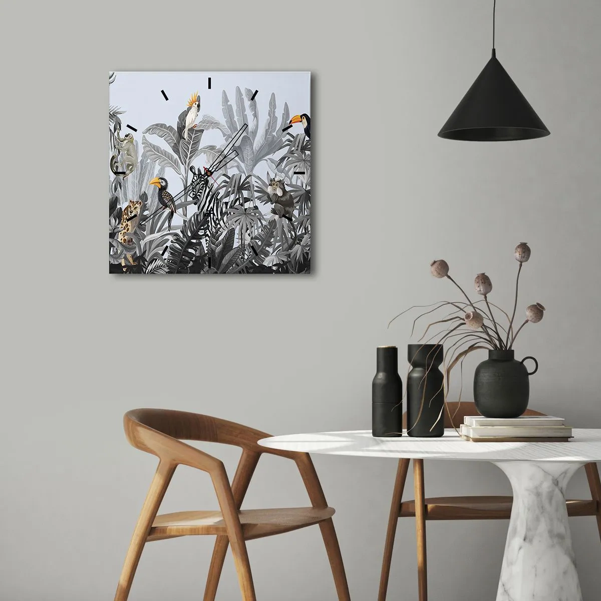 Wanduhr - Glasuhr - Tropischer Dschungel mit exotischen Tieren auf grauem Hintergrund - 30x30cm - Afrikanisches Märchen - Moderne Wanddekoration für Wohnzimmer und Schlafzimmer ARTTOR