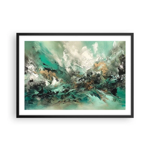 Poster in einem schwarzem Rahmen - Abstrakte Landschaft in Grün- und Goldtönen - 70x50cm - Smaragdgrüne und schwarze Brandung - Moderne Wanddekoration für Wohnzimmer und Schlafzimmer ARTTOR