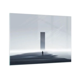 Glasbild - Bild auf glas - Eine minimalistische Landschaft mit einer Figur und einem Monolithen in der Ferne. - 70x50cm - Chance oder Bedrohung? - Moderne Wanddekoration für Wohnzimmer und Schlafzimmer ARTTOR