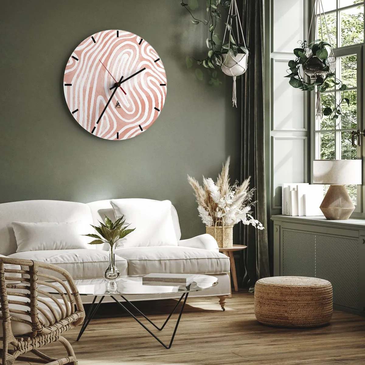 Wanduhr - Glasuhr - Abstraktes Muster, das Fingerabdrücken in Pink ähnelt - 30x30cm - Im Korallenlabyrinth - Moderne Wanddekoration für Wohnzimmer, Küche und Schlafzimmer ARTTOR