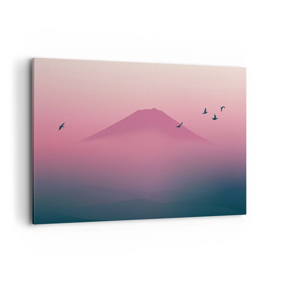 Bild auf Leinwand - Leinwandbild - Eine minimalistische Landschaft mit einem Berg und Vögeln bei Sonnenaufgang - 120x80cm - Wanderer über den Wolken - Moderne Wanddekoration für Wohnzimmer und Schlafzimmer ARTTOR