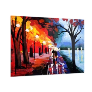 Glasbild - Bild auf glas - Ein Paar spaziert abends in einem farbenfrohen Park - 100x70cm - Strahlender Herbst im Park - Moderne Wanddekoration für Wohnzimmer und Schlafzimmer ARTTOR
