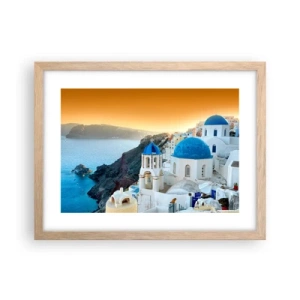 Poster in einem Rahmen aus heller Eiche - Santorini - an die Felsen gekuschelt - 40x30 cm