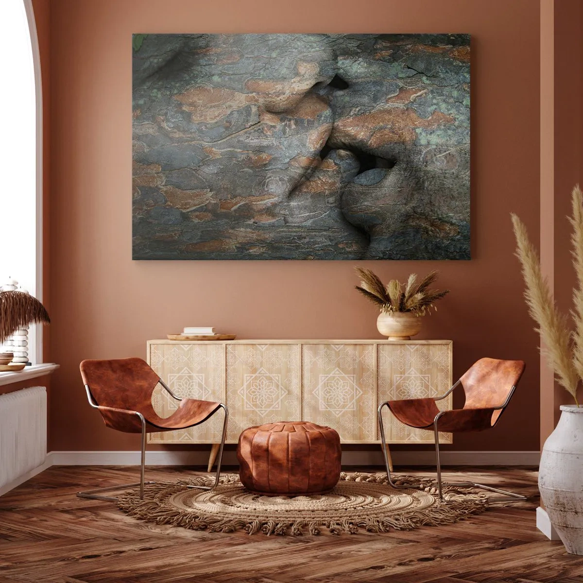 Bild auf Leinwand - Leinwandbild - Ein künstlerisches Motiv eines in Fels gehauenen Gesichts mit natürlichem Textureffekt. - 70x50cm - Für immer zusammen - Moderne Wanddekoration für Wohnzimmer und Schlafzimmer ARTTOR