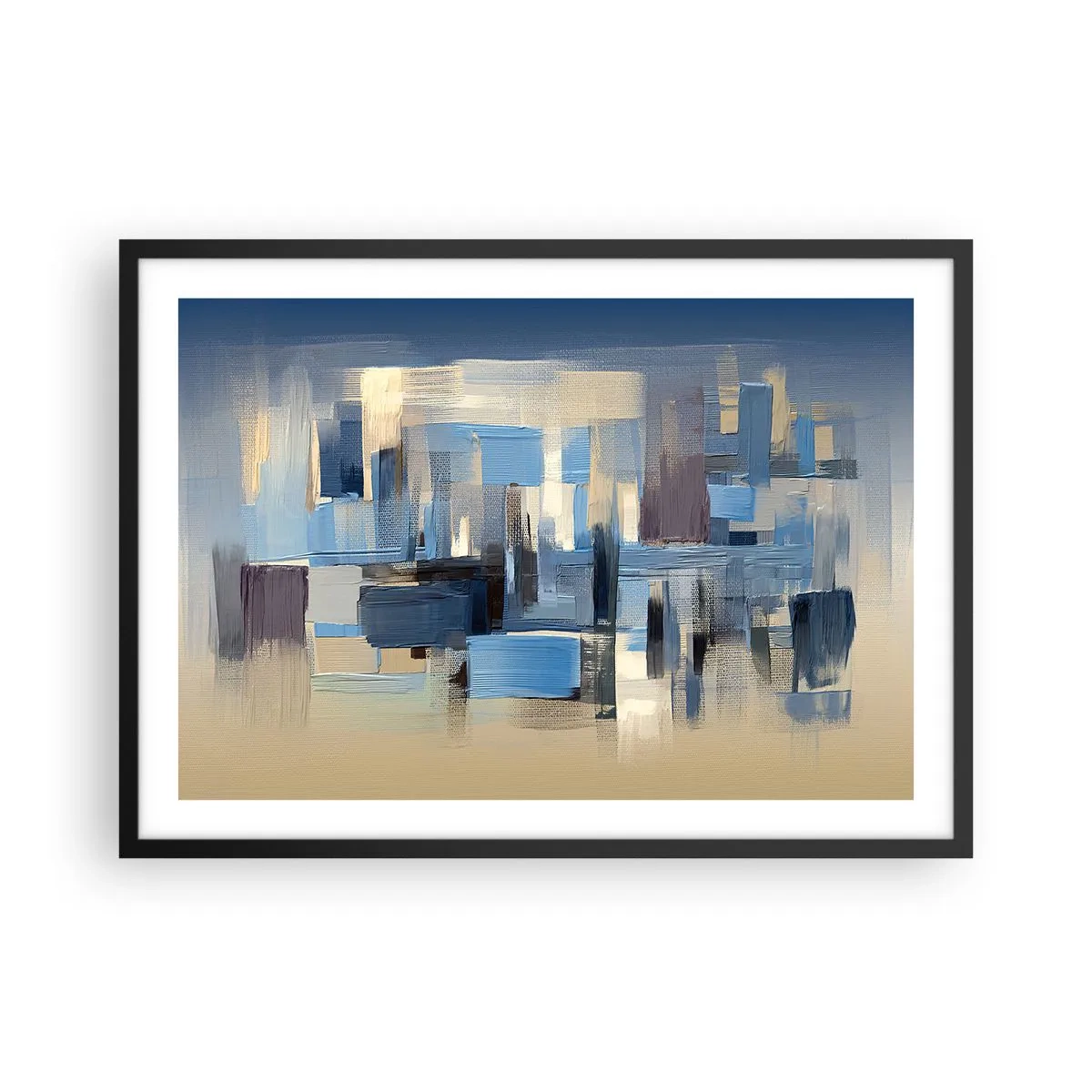 Poster in einem schwarzem Rahmen - Geometrische Formen in Blau- und Beigetönen - 70x50cm - Blaue Konstruktion - Moderne Wanddekoration für Wohnzimmer und Schlafzimmer ARTTOR