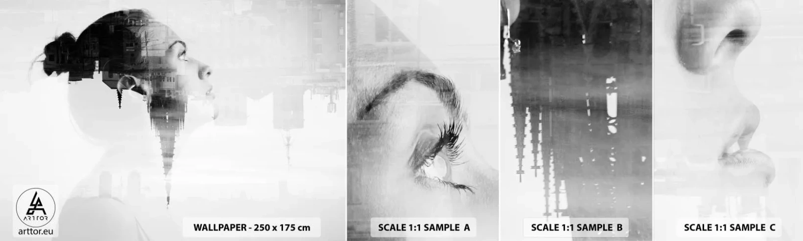 Fototapetenmuster Standard Eco - Auf beiden Seiten des Glases - Abstraktion, Das Gesicht einer Frau, Die Architektur - 100x30 cm