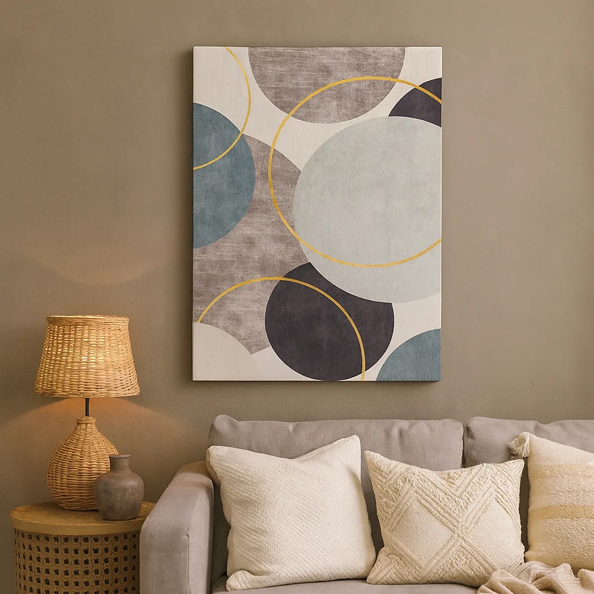 Bild auf Leinwand - Leinwandbild - Geometrische Kreise in Grau-, Blau- und Goldtönen - 50x70cm - Rad für Rad - Moderne Wanddekoration für Wohnzimmer und Schlafzimmer ARTTOR