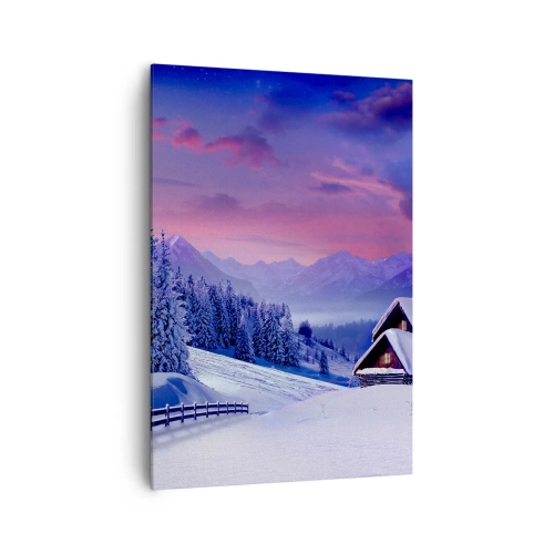Bild auf Leinwand - Leinwandbild - Winterlandschaft mit Berghütten bei Sonnenuntergang - 70x100cm - Stille Nacht - Moderne Wanddekoration für Wohnzimmer und Schlafzimmer ARTTOR