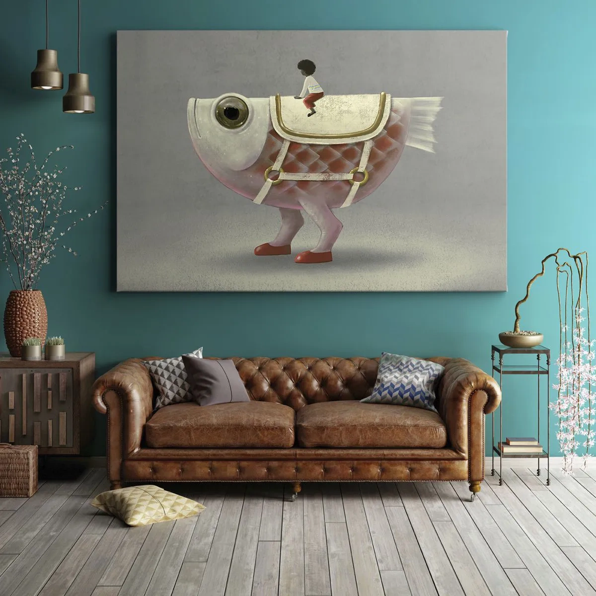 Bild auf Leinwand - Leinwandbild - Ein schicker Fischreiter mit Beinen und Sattel - 100x70cm - Reiter auf einem surrealen Fisch - Moderne Wanddekoration für Wohnzimmer und Schlafzimmer ARTTOR