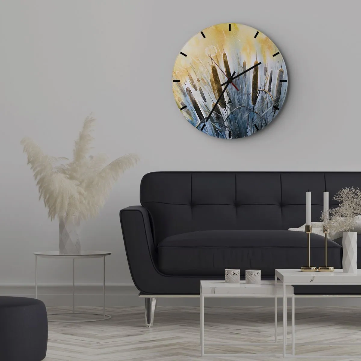 Wanduhr - Glasuhr - Malerische Schilfrohre in den warmen Farben des Sonnenuntergangs - 30x30cm - Die Kälte des Wassers, die Hitze der Sonne - Moderne Wanddekoration für Wohnzimmer, Küche und Schlafzimmer ARTTOR