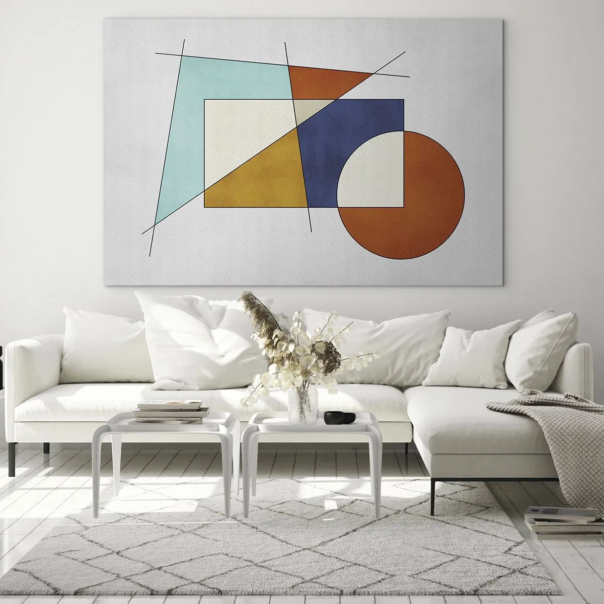 Glasbild - Bild auf glas - Bunte geometrische Formen auf hellem Hintergrund im modernistischen Stil - 120x80cm - Abstraktion: modernistisches Spiel - Moderne Wanddekoration für Wohnzimmer und Schlafzimmer ARTTOR