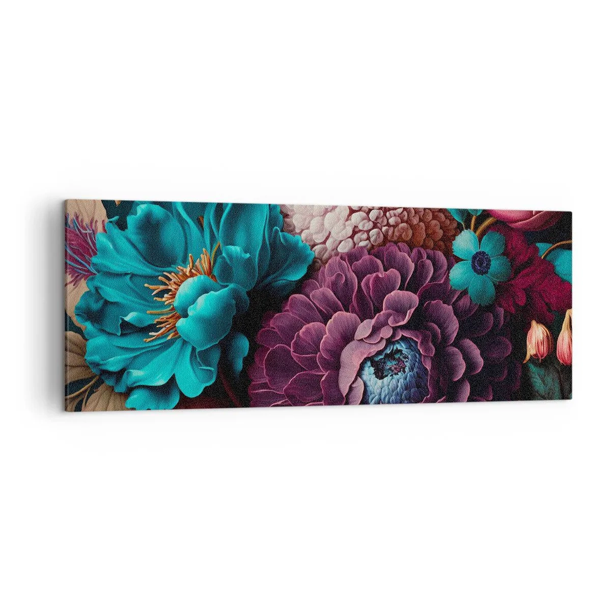 Bild auf Leinwand - Leinwandbild - Ein Blumenstrauß in intensiven Farben auf dunklem Hintergrund - 140x50cm - Natur in Hülle und Fülle - Moderne Wanddekoration für Wohnzimmer und Schlafzimmer ARTTOR
