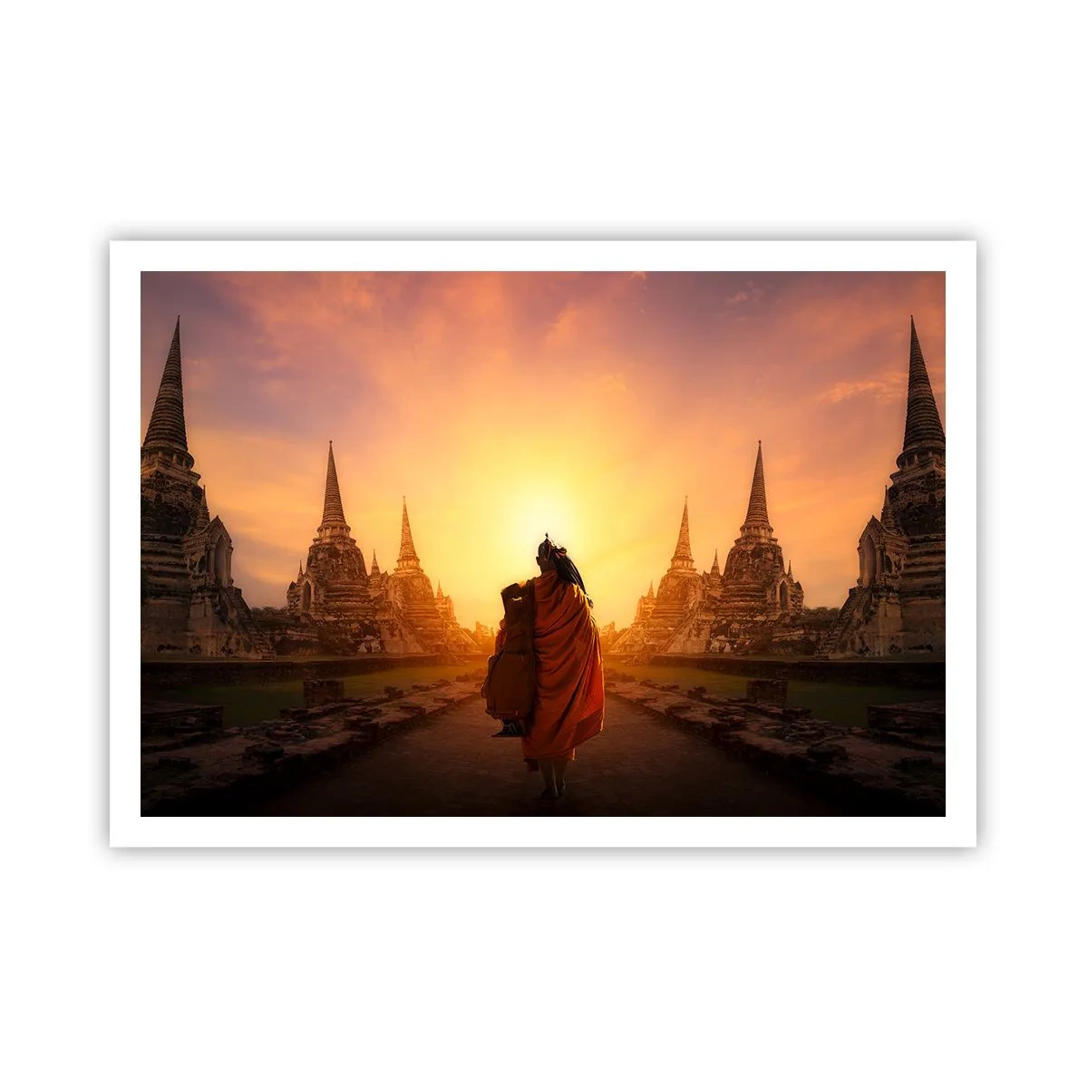 Poster - Ein Mönch zwischen den Tempeln bei Sonnenuntergang - 100x70cm - In Frieden für die Ewigkeit - Moderne Wanddekoration für Wohnzimmer und Schlafzimmer ARTTOR