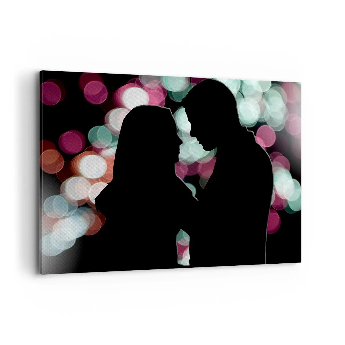 Bild auf Leinwand - Leinwandbild - Silhouetten eines Paares vor dem Hintergrund bunter Bokeh-Lichter - 100x70cm - Jawohl! - Moderne Wanddekoration für Wohnzimmer und Schlafzimmer ARTTOR
