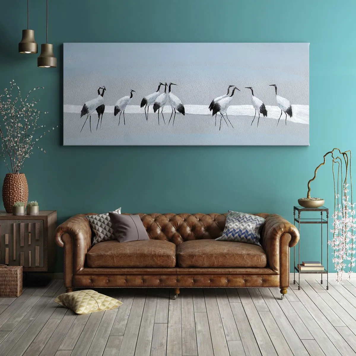 Bild auf Leinwand - Leinwandbild - Eine Gruppe von Kranichen vor blauem Himmel und der aufgehenden Sonne - 140x50cm - Nach einem heißen Tag - Moderne Wanddekoration für Wohnzimmer und Schlafzimmer ARTTOR