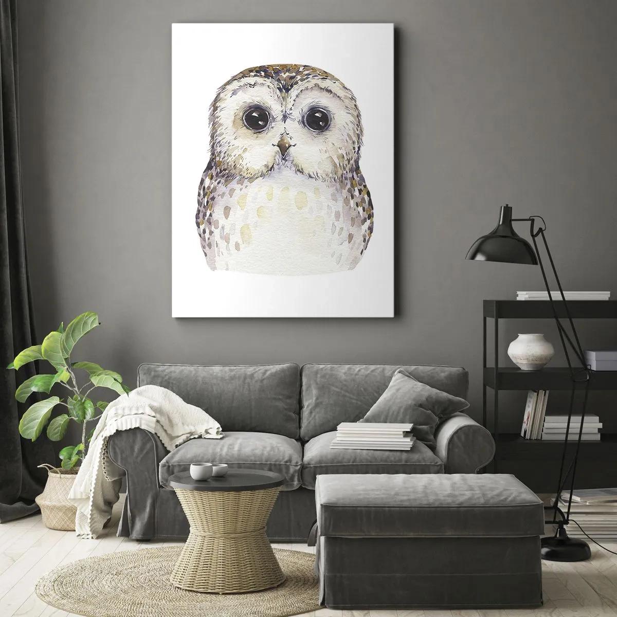 Bild auf Leinwand - Leinwandbild - Porträt einer Eule auf hellem Hintergrund mit zarten Farben - 50x70cm - Schau mir in die Augen - Moderne Wanddekoration für Wohnzimmer und Schlafzimmer ARTTOR
