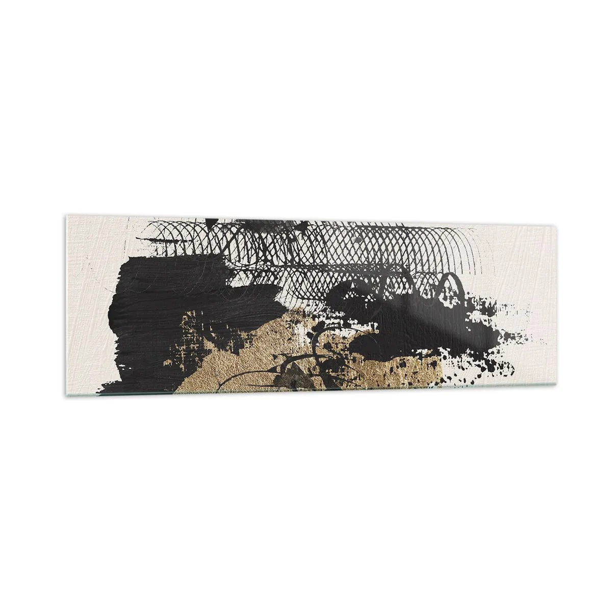Glasbild - Bild auf glas - Ein abstraktes Gemälde in Schwarz und Gold mit dynamischen Linien und Strukturen. - 160x50cm - Komposition mit Leidenschaft - Moderne Wanddekoration für Wohnzimmer und Schlafzimmer ARTTOR
