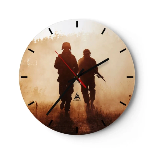 Wanduhr - Glasuhr - Silhouetten von Soldaten im Morgennebel vor dem Hintergrund der Natur - 30x30cm - Ruf der Pflicht - Moderne Wanddekoration für Wohnzimmer, Küche und Schlafzimmer ARTTOR
