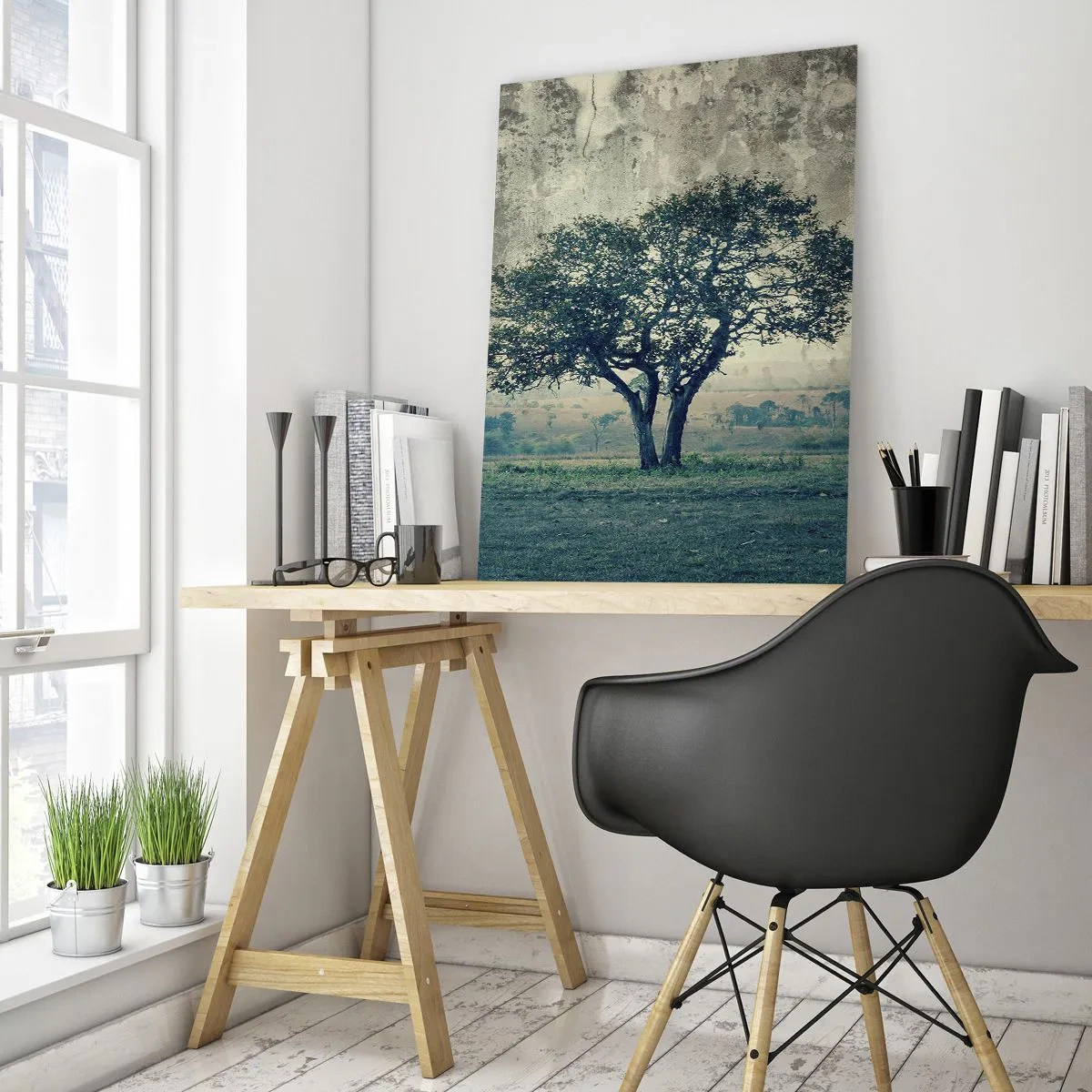 Glasbild - Bild auf glas - Ein einsamer Baum in einer Vintage-Landschaft - 50x70cm - Ein Apfelbaum auf blauem Feld? - Moderne Wanddekoration für Wohnzimmer und Schlafzimmer ARTTOR