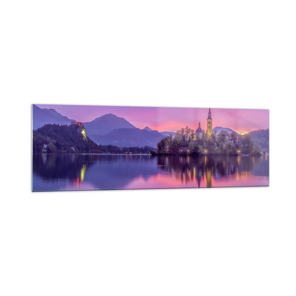 Glasbild - Bild auf glas - See mit einer Insel und einer Kirche bei Sonnenuntergang - 160x50cm - Eine märchenhafte Insel in der Abenddämmerung - Moderne Wanddekoration für Wohnzimmer und Schlafzimmer ARTTOR