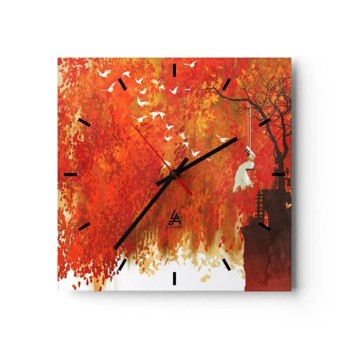 Wanduhr - Glasuhr - Eine Figur auf einer Schaukel neben einem Baum, umgeben von roten Blättern - 30x30cm - Wird er mit ihnen fliegen? - Moderne Wanddekoration für Wohnzimmer und Schlafzimmer ARTTOR