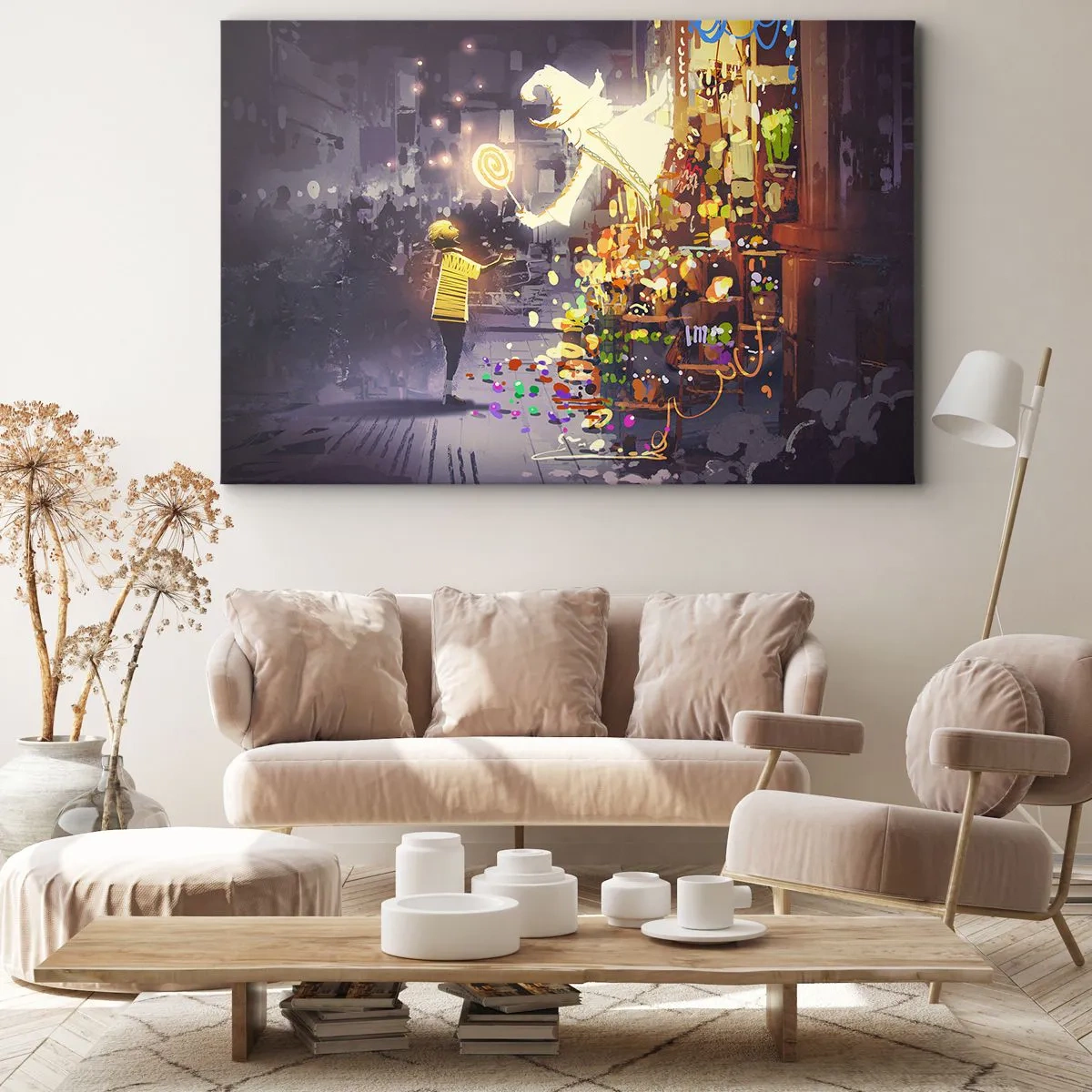 Bild auf Leinwand - Leinwandbild - Eine Märchenfigur und ein Kind auf einer Straße voller Lichter und Magie - 70x50cm - Magie ist da - Moderne Wanddekoration für Wohnzimmer und Schlafzimmer ARTTOR