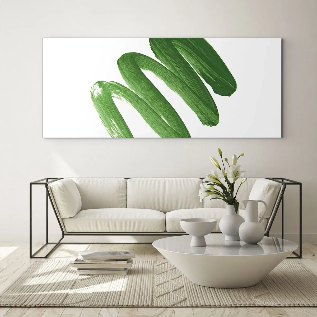 Glasbild - Bild auf glas - Grüner abstrakter Pinselstrich auf weißem Hintergrund - 140x50cm - Grüner Witz - Moderne Wanddekoration für Wohnzimmer und Schlafzimmer ARTTOR