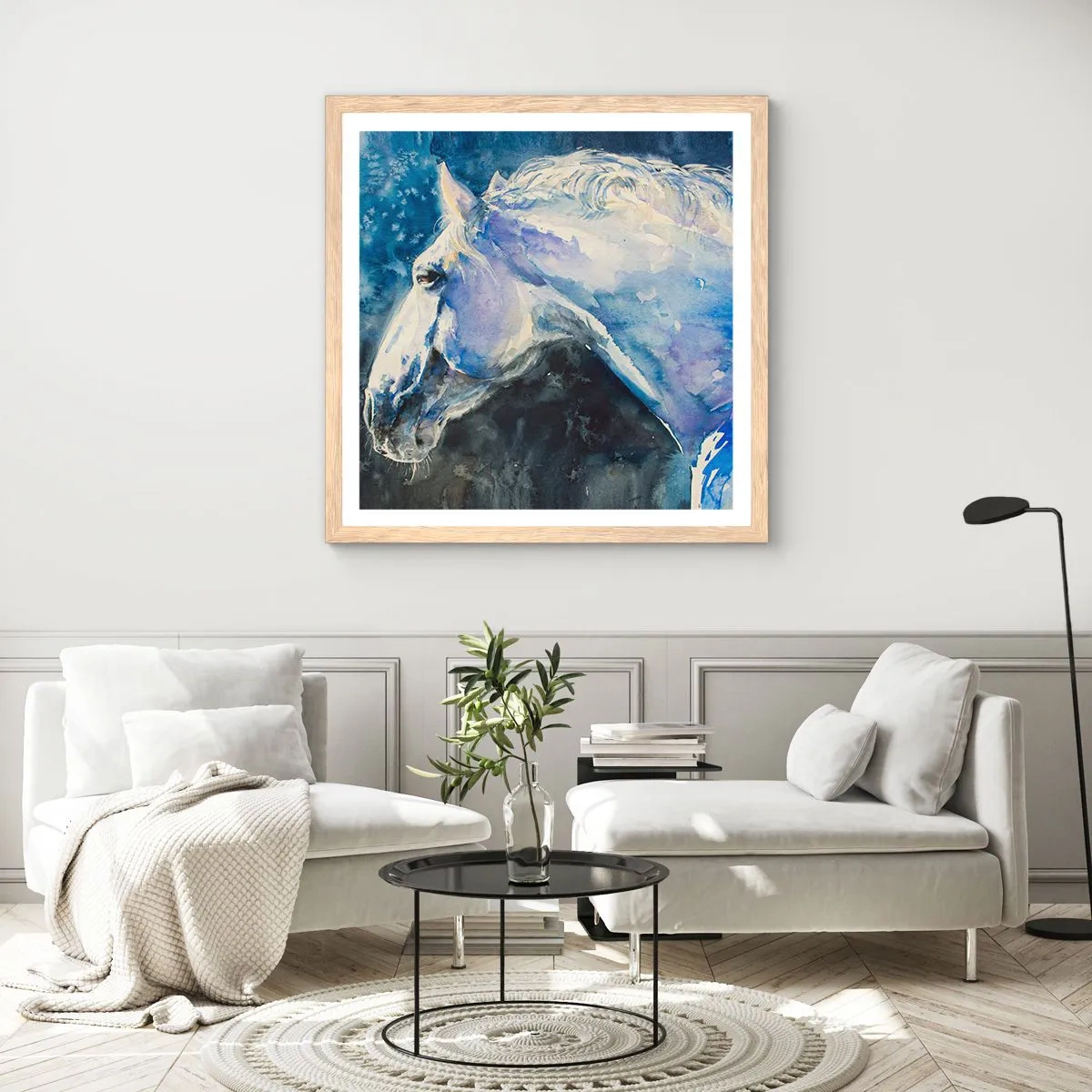 Poster in einem Rahmen aus heller Eiche - Porträt in blauem Glanz - 30x30 cm