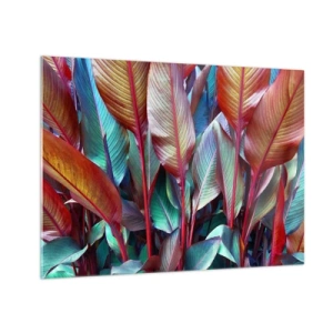 Glasbild - Bild auf glas - Ein buntes Blätterdickicht in Rot-, Grün- und Lilatönen - 70x50cm - Buntes Dickicht - Moderne Wanddekoration für Wohnzimmer und Schlafzimmer ARTTOR