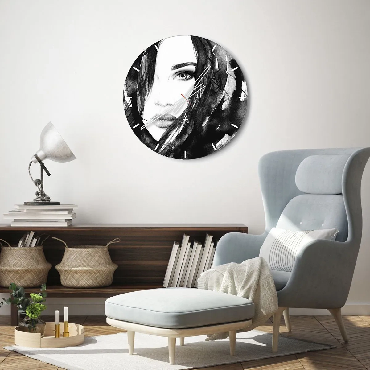 Wanduhr - Glasuhr - Porträt einer Frau in Schwarzweiß im Aquarellstil - 30x30cm - Porträt einer Dame in Schwarzweiß - Moderne Wanddekoration für Wohnzimmer, Küche und Schlafzimmer ARTTOR