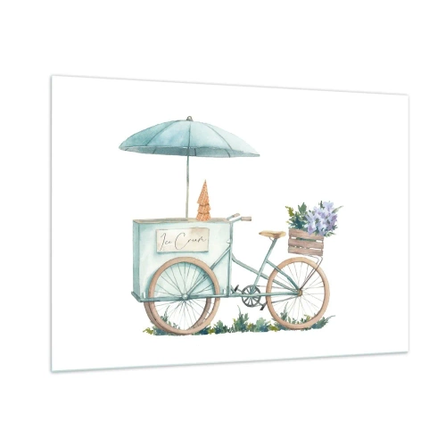 Glasbild - Bild auf glas - Ein Fahrrad mit Eiscreme und pastellfarbenen Blumen - 100x70cm - Süße Erinnerung an den Sommer - Moderne Wanddekoration für Wohnzimmer und Schlafzimmer ARTTOR