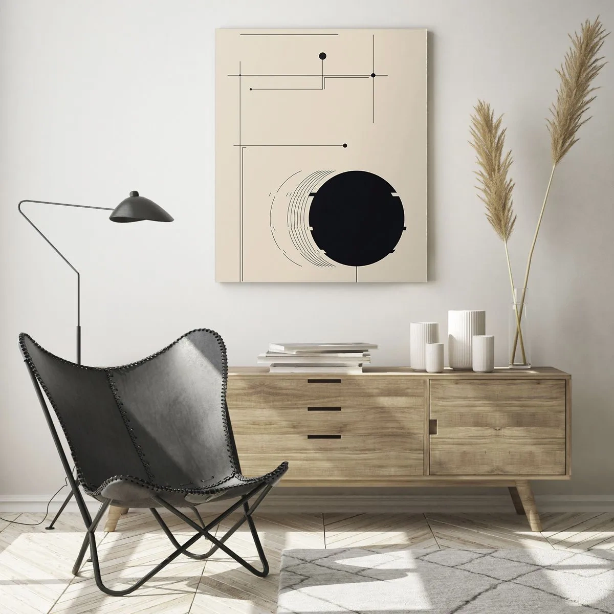 Glasbild - Bild auf glas - Abstrakte Komposition mit schwarzem Kreis und geometrischen Linien - 50x70cm - Flexible und dynamische Komposition - Moderne Wanddekoration für Wohnzimmer und Schlafzimmer ARTTOR
