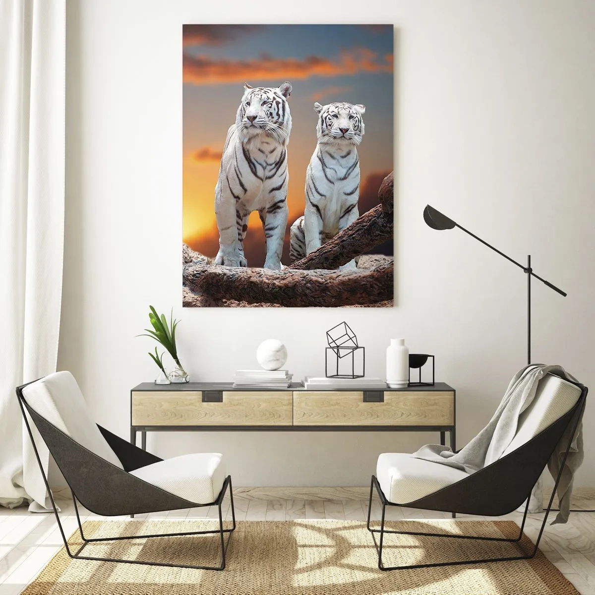 Glasbild - Bild auf glas - Weiße Tiger in der untergehenden Sonne vor der Kulisse der Natur - 80x120cm - Genau wie Narnia - Moderne Wanddekoration für Wohnzimmer und Schlafzimmer ARTTOR