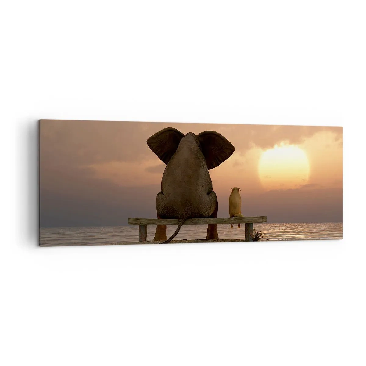 Bild auf Leinwand - Leinwandbild - Ein Elefant und ein Hund sitzen während des Sonnenuntergangs auf einer Bank am Strand. - 140x50cm - Es tut gut zusammen zu schweigen - Moderne Wanddekoration für Wohnzimmer und Schlafzimmer ARTTOR