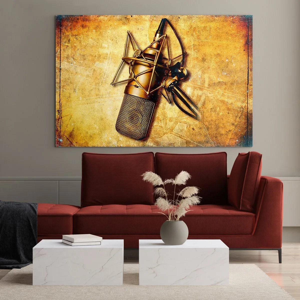 Glasbild - Bild auf glas - Ein goldenes Mikrofon auf Vintage-Hintergrund - 100x70cm - Die goldenen Jahre des Radios - Moderne Wanddekoration für Wohnzimmer und Schlafzimmer ARTTOR