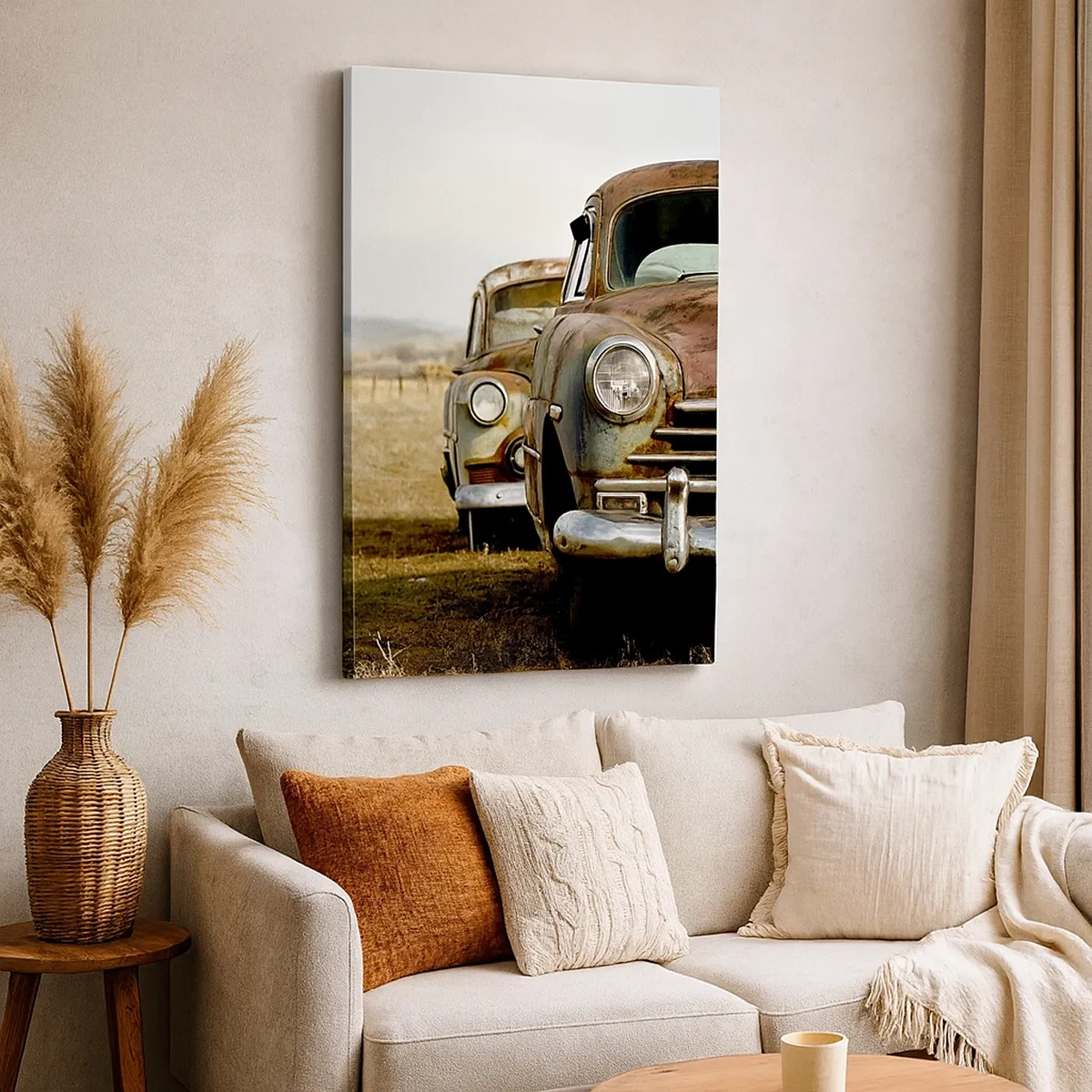 Bild auf Leinwand - Leinwandbild - Zwei alte Autos auf einem Feldweg neben einem Holzzaun - 50x70cm - Eine wohlverdiente Ruhe - Moderne Wanddekoration für Wohnzimmer und Schlafzimmer ARTTOR