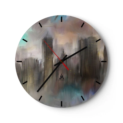 Wanduhr - Glasuhr - Ein abstraktes Bild einer Stadt mit Wolkenkratzern in einer nebligen Umgebung. - 30x30cm - Eine Komposition aus Stahl, Stein und Nebel - Moderne Wanddekoration für Wohnzimmer, Küche und Schlafzimmer ARTTOR