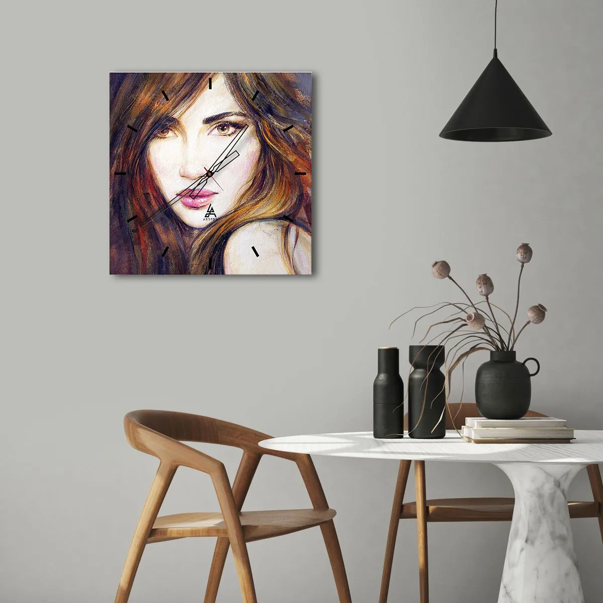 Wanduhr - Glasuhr - Porträt einer Frau im malerischen Stil - 30x30cm - Einen Penny für deine Gedanken - Moderne Wanddekoration für Wohnzimmer und Schlafzimmer ARTTOR