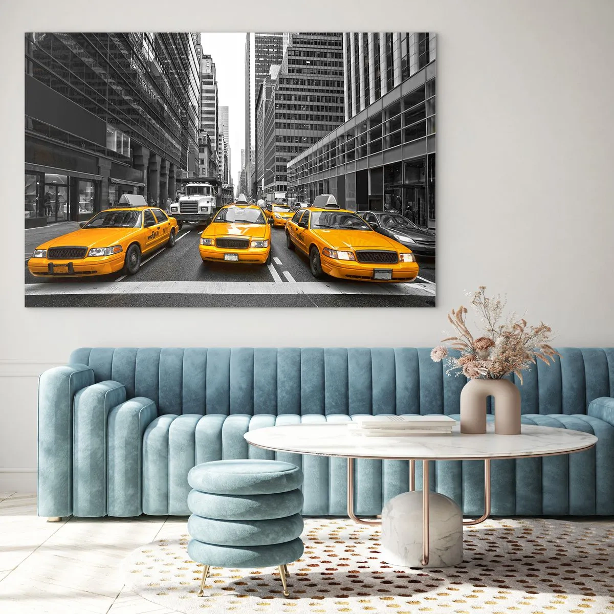 Glasbild - Bild auf glas - Gelbe Taxis auf den Straßen von New York - 100x70cm - Wir färben die Stadt - Moderne Wanddekoration für Wohnzimmer und Schlafzimmer ARTTOR