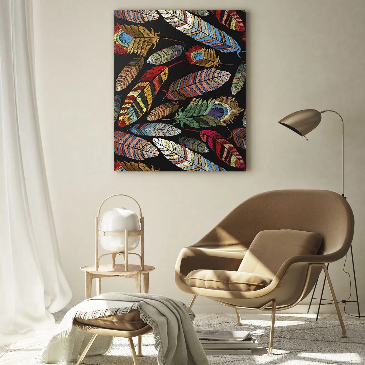 Glasbild - Bild auf glas - Bunte Federn auf dunklem Hintergrund in einem künstlerischen Muster - 50x70cm - Der Vogelkarneval - Moderne Wanddekoration für Wohnzimmer und Schlafzimmer ARTTOR