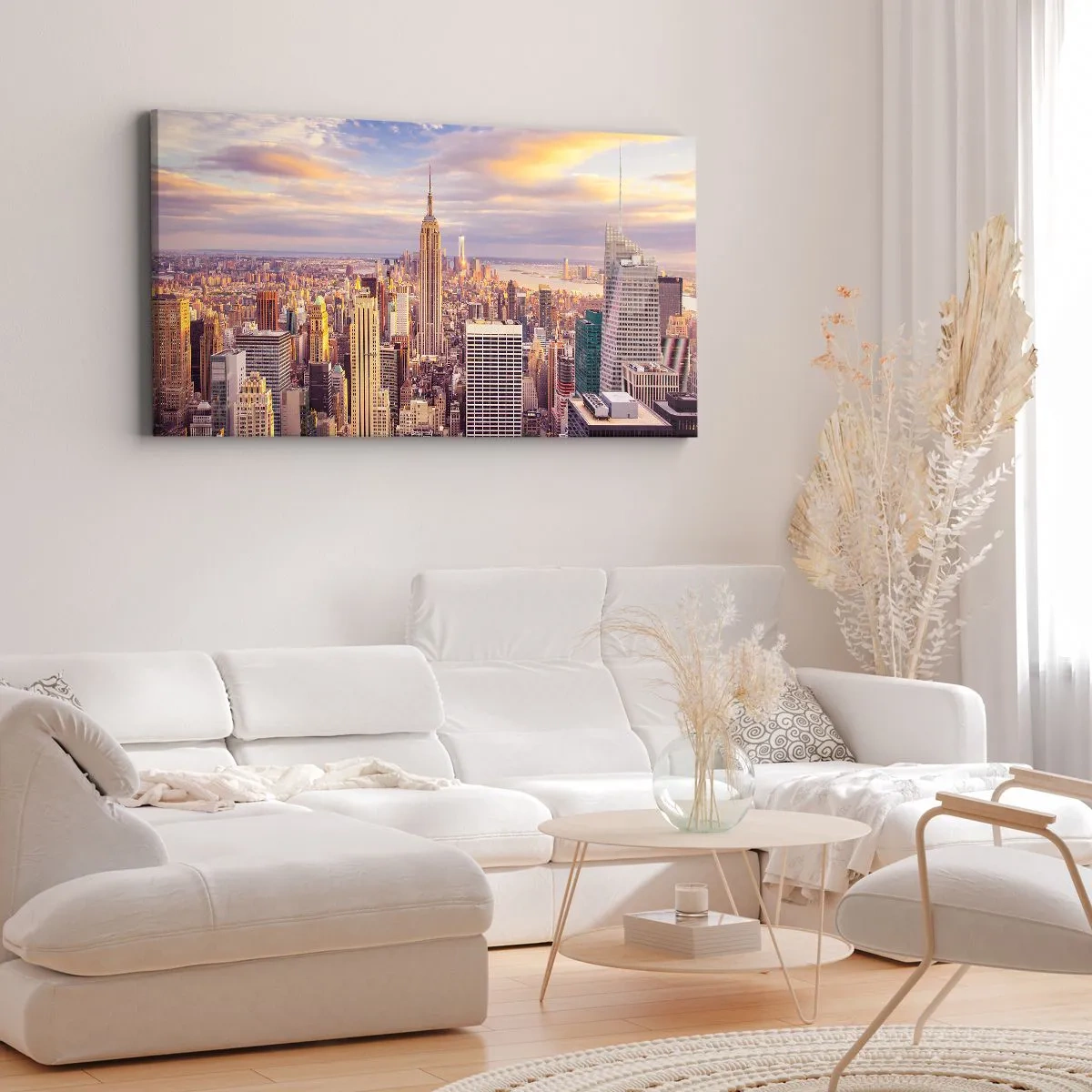 Bild auf Leinwand - Leinwandbild - Panorama einer modernen Stadt mit Wolkenkratzern bei Sonnenuntergang - 160x50cm - Nur nach den Wolken greifen - Moderne Wanddekoration für Wohnzimmer und Schlafzimmer ARTTOR