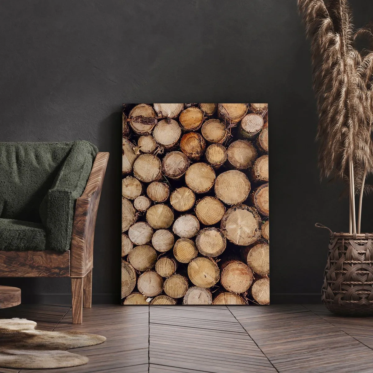 Bild auf Leinwand - Leinwandbild - Stapel gefällter Baumstämme in harmonischer Anordnung - 50x70cm - Ein neuer Anfang - Moderne Wanddekoration für Wohnzimmer und Schlafzimmer ARTTOR