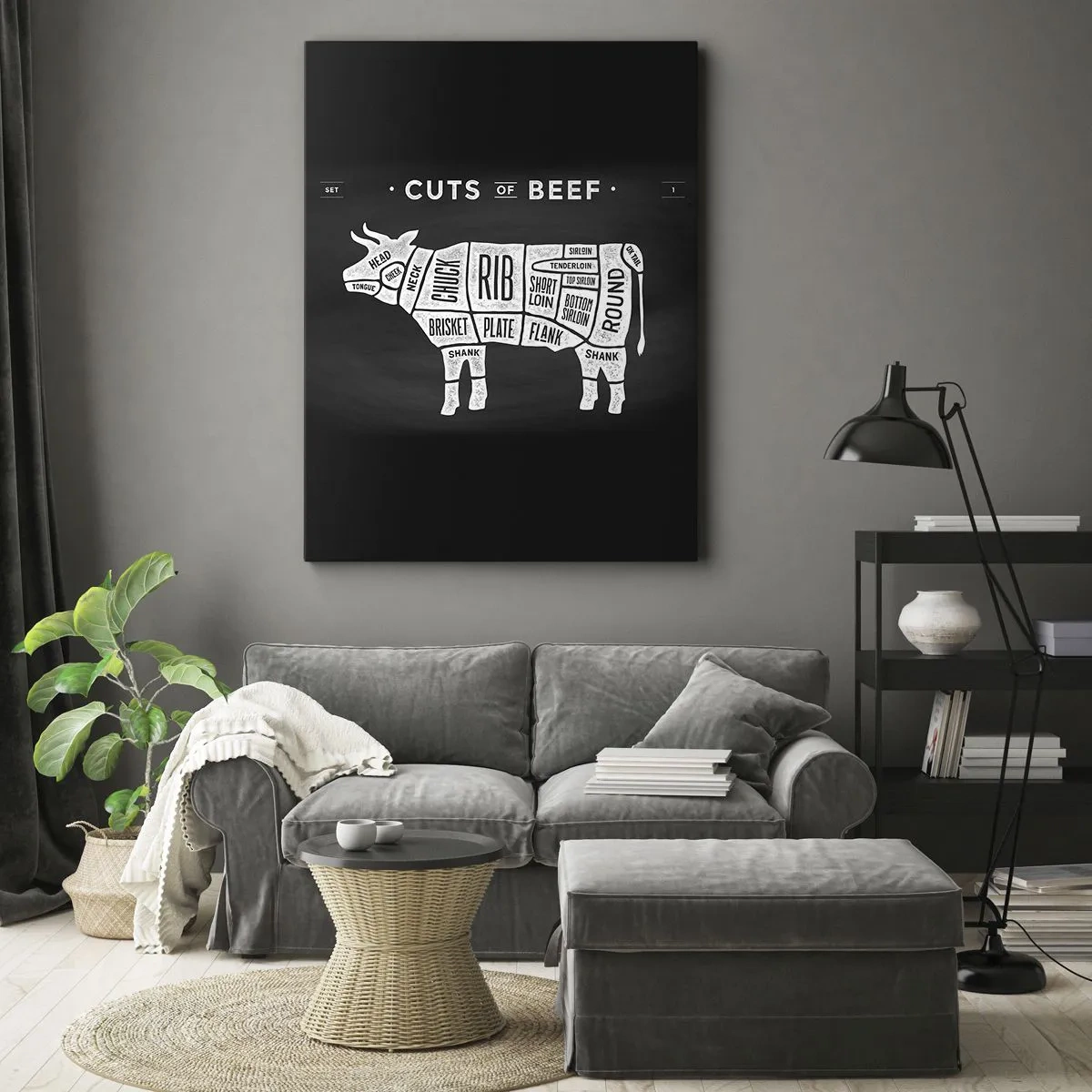 Bild auf Leinwand - Leinwandbild - Diagramm der Rindfleischstücke auf schwarzem Hintergrund - 50x70cm - Metzger Grundierung - Moderne Wanddekoration für Wohnzimmer und Schlafzimmer ARTTOR