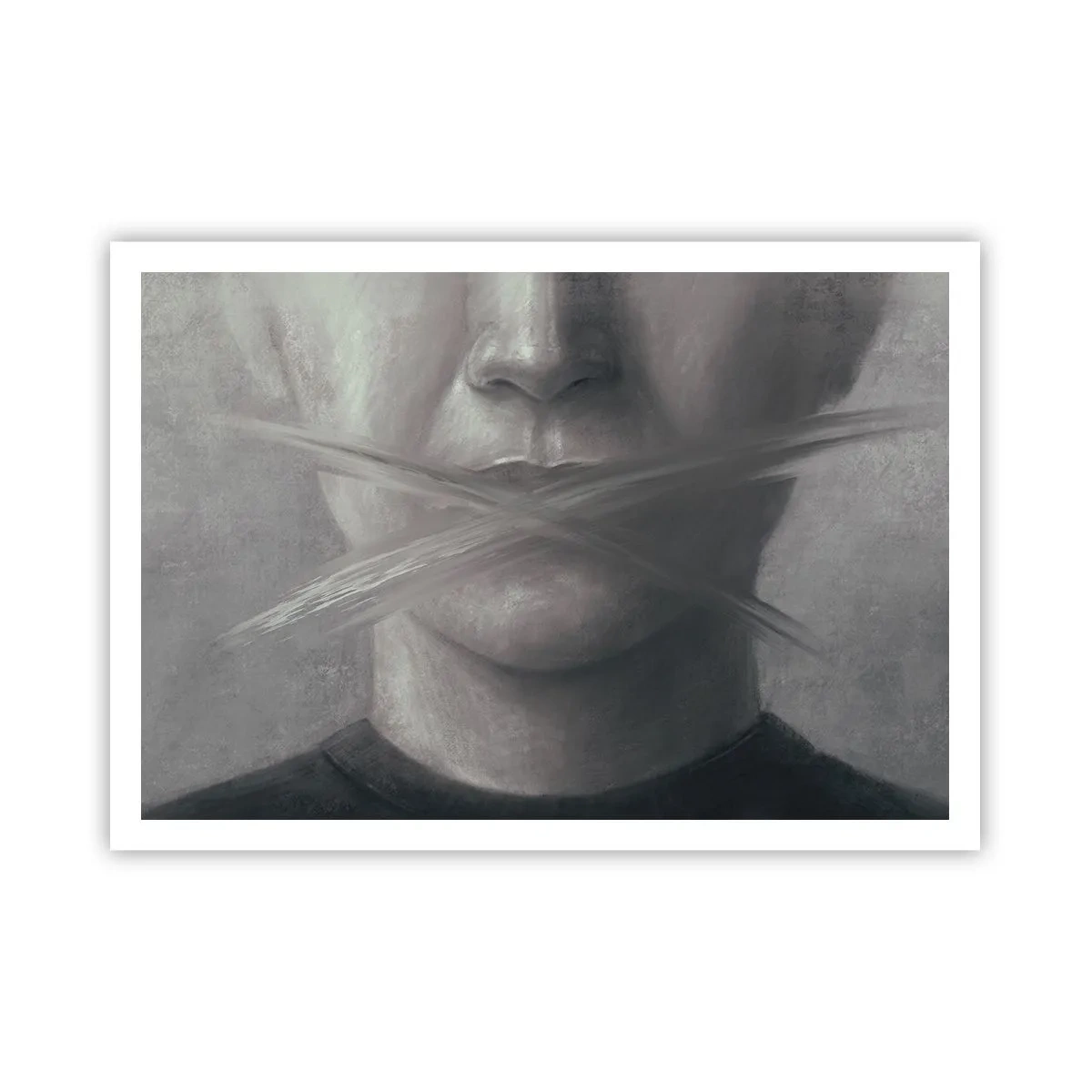 Poster - Ein symbolisches Porträt mit verschwommenen Lippen in Grautönen. - 100x70cm - Ohne ein Wort - Moderne Wanddekoration für Wohnzimmer und Schlafzimmer ARTTOR