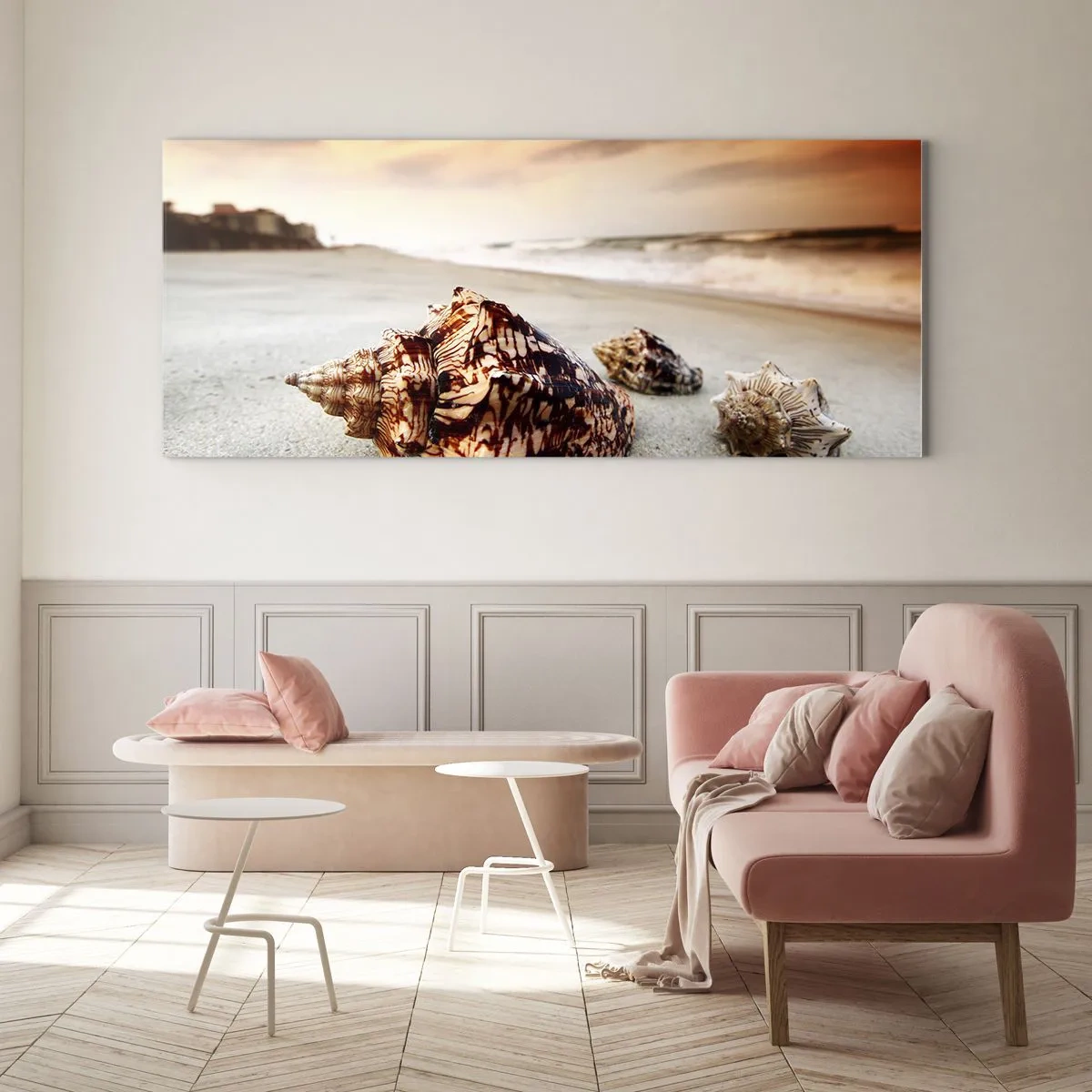 Glasbild - Bild auf glas - Muscheln am Strand bei Sonnenuntergang - 160x50cm - Ausgestoßene von Wellen - Moderne Wanddekoration für Wohnzimmer und Schlafzimmer ARTTOR