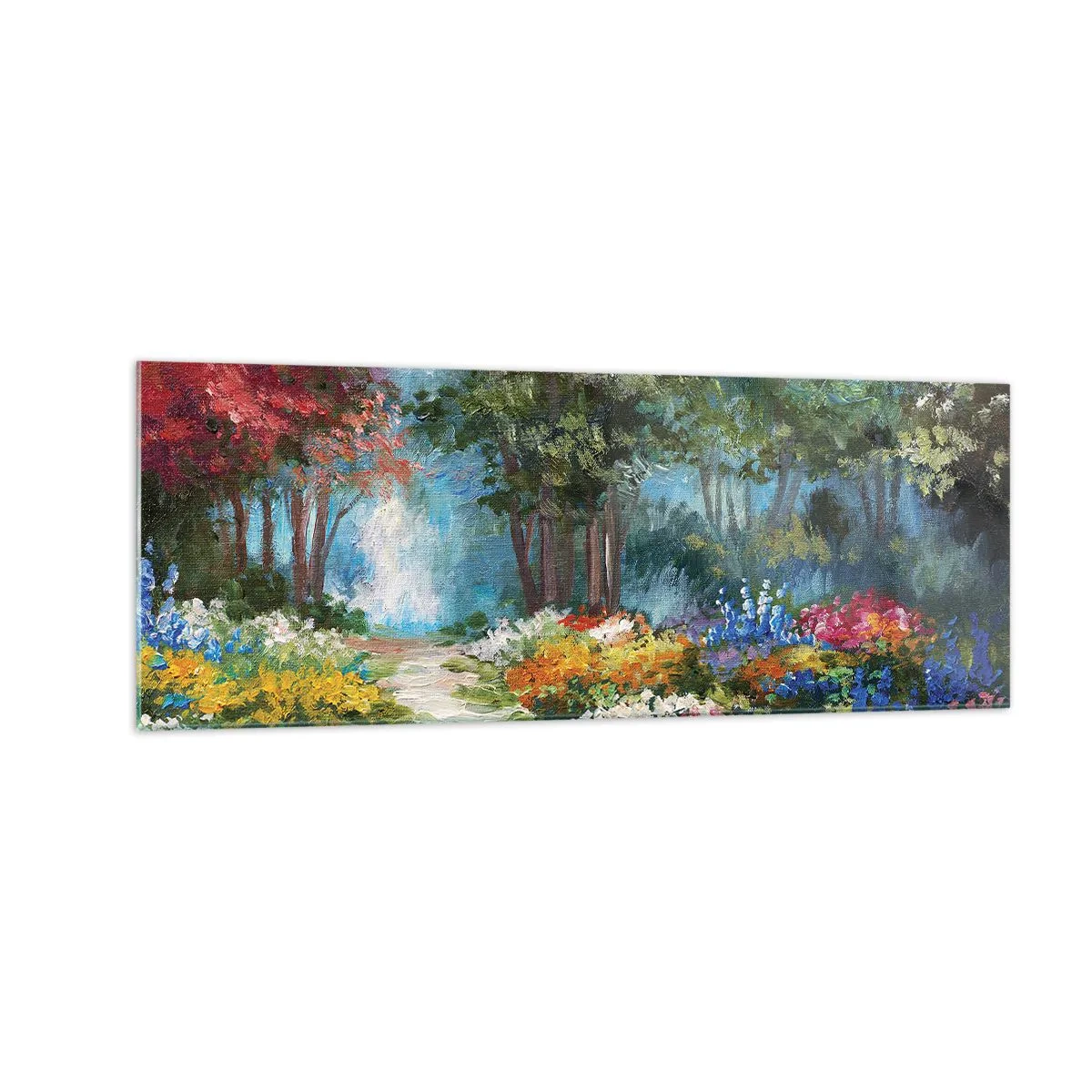 Glasbild - Bild auf glas - Ein malerischer Garten voller bunter Blumen und Bäume in einer Waldumgebung - 140x50cm - Waldgarten, Blumenwald - Moderne Wanddekoration für Wohnzimmer und Schlafzimmer ARTTOR